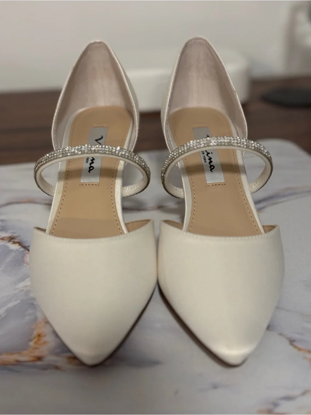 Nina Cream Satin Pointed-Toe Heels with Crystal Strap